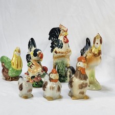 VTG Ceramic Rooster Chicken Figurine Set 8pc Farmhouse Decor Hand Painted FLAWS picture