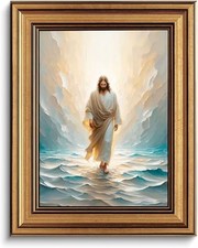Kabcod Vintage Gold Framed Jesus Walking On Water Wall Art Christian Bible St... picture