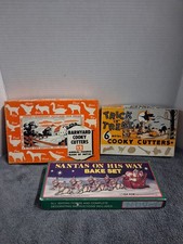 Vintage TRICK OR TREAT, BARNYARD,SANTA ON HIS WAY,Metal Cooky Cutters, Complete  picture