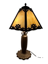 Art nouveau 24” table lamp bronze base with  6 Panel slag glass shade picture