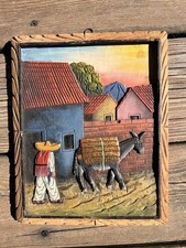 Vintage Mexican Folk Art Wood Carved Bas Relief  10” X 8” picture