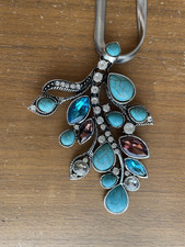 Turquoise Faux Statement Necklace Silver Tone Chain Blue Teal Rhinestone Pendant picture