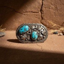 Southwestern Native Sterling Buckle Signed “ME” W/ English Bridle Handmade Belt picture