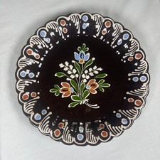 Vintage Hungarian Pottery Wall Plate 11” Brown Floral Hand Painted Hungary picture