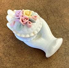 White Porcelain Hand Trinket Box w/ Hinged Lid Pink & Yellow Rose Floral picture