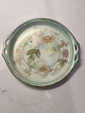 Prussia two handled Hand Painted floral dish,  6” picture