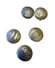 Lot of 5 Round Bronze Metal Shank Buttons, Icon Style, Craft Sewing Supplies picture
