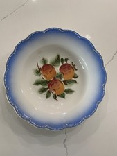 Antique German 9” Bowl Featuring Peaches In Center With Blue Border. ￼ picture