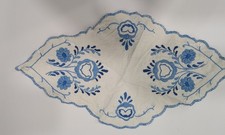 Vintage Blue Embroidered Linen Runner Scalloped Edge Table Topper Oval 20