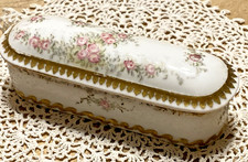 Antique Delinieres & Cie Limoges Dresser Trinket Pin Box Pink Floral & Gold picture