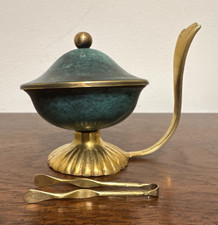 Vintage Oppenheim Israel Verdigris Brass Lidded Bowl Saccharin Service w/Tongs picture