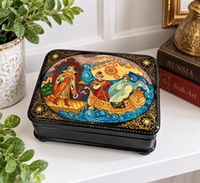 Russian Lacquer Box Hand Painted Fairy Tale Ship Scene Red Interior 5