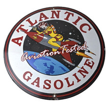 Vintage Atlantic Gasoline Sign - Sci-Fi Rocket Gas Service Porcelain Sign picture