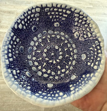 Signed Studio Art Pottery Trinket Dish C Rich Blue Lace Textured Catchall picture