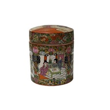 Vintage Chinese Enamel Figural Ground Canton Porcelain Round Container Jar GB841 picture