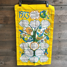 Vintage 1973 Linen Calendar Yellow Retro Critters 70s Cat Birds Butterfly MCM picture