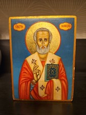 RRR RARE Vintage  Hand Painted Orthodox Icon of  ST. NICHOLA picture