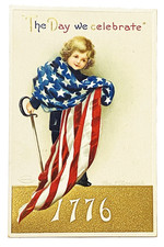 1908-1915 Vintage Ellen Clapsaddle 4th of July Postcard Boy with Flag & Sword picture