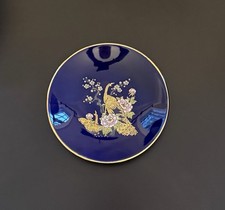 VTG  COBALT BLUE JAPANESE HAND PAINTED SMALL PLATE PEACOCK FLOWERS KUTANI 5.5”D picture