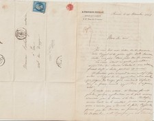 Antique 1863 Folded Letter Rouen to Dieppe: Lawyer Letterhead & Blue Stamp picture