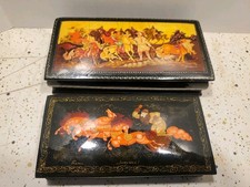 2 Vintage Russian Signed & Titled Shallow, Black w/ Horses Trinket Boxes picture