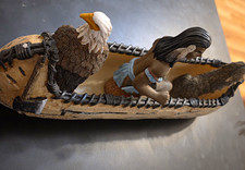 Native American Resin Canoe Figurine w/ Eagle & Bear, Brown Black White, 3D picture
