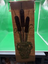Vintage Cattail Burlap Wall Hanging Retro Yarn Carpet Art Boho MCM 28X9.5” picture