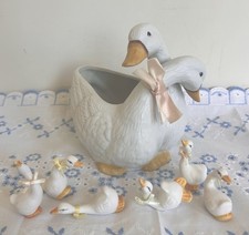 Vintage White Ceramic Double Goose Planter & 6 Duckling Figurines 7 Pc Set picture