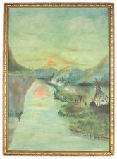 Antique Vintage Oil Painting Indian Native American Landscape American Folk Art picture