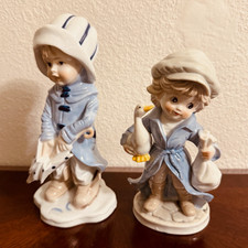 Vintage KPM Porcelain Boy Girl Figurines Goose Umbrella Blue White Pair 10” picture