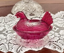 Vintage Style Hen In Nest, Salt Seller, Small Candy Dish, 4x4”, Ruby Red, Glass picture