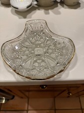 Vintage Cut Clear Glass Sea Shell Fan Trinket Candy Dish GOLD RIM 7.5