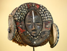 African Antique Dan Mask With Cowrie Shell Crown Fabric Trim Tribal Wood -G6006 picture