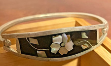 Vintage Mexico silver tone southwestern inlay enamel flower cuff Bangle Bracelet picture