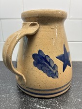Pottery Pitcher Americana Blue Star Speckled Salt Glaze Signed 1990’s Country picture