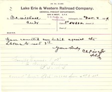 1899 Lake Erie & Western Railroad Freight Claim Billhead picture