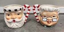 Vintage Lefton Double Faced 2 Sided Santa & Mrs. Claus Ceramic Mug Set Of 2 picture