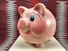 Large Mid Century Vintage Ceramic Piggy Bank Fat Belly Curly Tail Pink PIG 7 X 8 picture