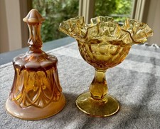 Set Of 2 Fenton Amber Thumbprint 1 Ruffle Pedestal Dish & 1 Whitton Bell Vintage picture