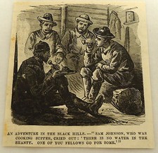 small 1879 magazine engraving ~ MEN IN A CABIN ~ The Black Hills, SOUTH DAKOTA  picture
