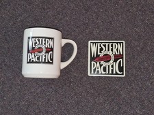 Vintage Western Pacific Railway Ceramic Coffee Mug and Tin Sign Set picture