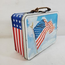 Vintage 1970s Ohio Art American Flag Patriotic Metal Lunchbox Rope Handle picture