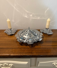 Vintage Farber Brothers Krome Kraft Covered Dish and Candle Holders Filigree MCM picture