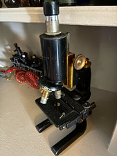 Vintage Black Metal Monocular Microscope w/ Mirror, Brass Accents picture