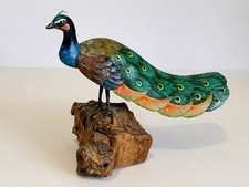 Vintage Hand Carved Wooden Peacock Sculpture on Driftwood Base 5.5” Tall 6” Long picture