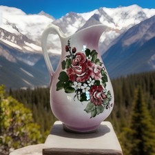 Signed Hand Painted  Ceramic Water Pitcher  Floral Roses large picture