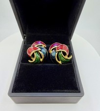 Vintage Colorful Sparkle Enamel Swirl Gold Tone Earrings Pierced picture
