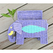Vintage Wicker Rattan Elephant Box Storage Basket Lavender Yellow Unique 12x9x4” picture