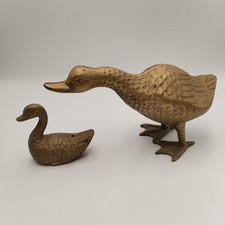 Vintage Brass Duck Figurine Set Standing Goose Duckling Heavy Metal Decor 2 Pc picture