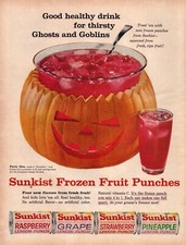 1960 Sunkist Halloween Fruit Punch Print Ad Jack O'Lantern Bowl Ghosts Goblins picture